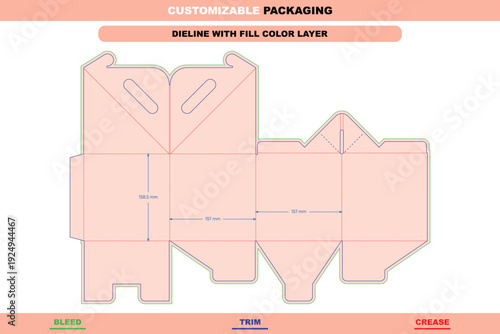 Tuck end boxes with handles folding carton customizable dieline template custom dimensions packaging design for retail and gift carton structures including trendy packaging die line