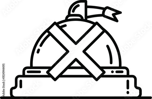 A vintage illustration of a hat with a feather and a small base pedestal.