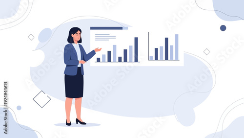 Businesswoman presenting a financial report with bar charts and analytics