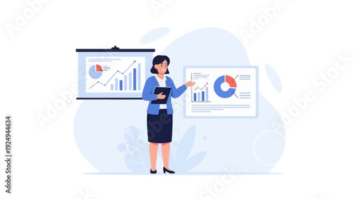 Businesswoman presenting charts and graphs on a whiteboard and projector screen