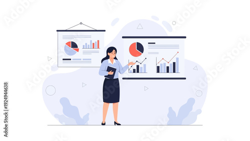 Businesswoman presenting charts and graphs on projection screens, data analysis