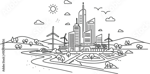 A whimsical illustration of a futuristic cityscape with floating buildings and vehicles