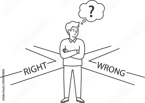 Man pondering the right and wrong choices in life decisions