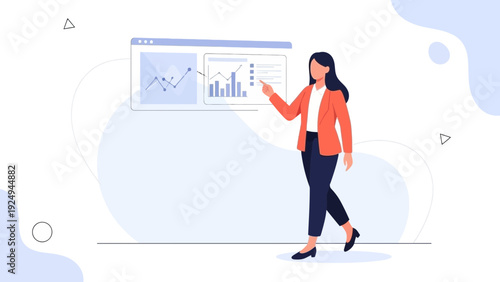 Businesswoman presenting data analytics on screen, pointing at charts and graphs.