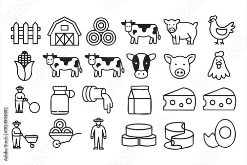Farm and agriculture icon set with dairy livestock and rural farming symbols