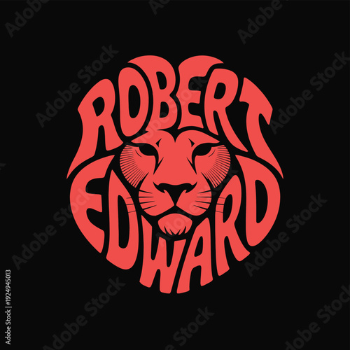 Vibrant logo featuring a lion with the name robert edward intertwined isolated on white background, Vector, illustration