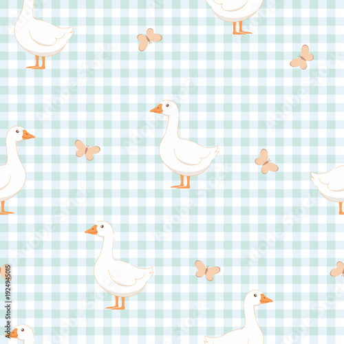Seamless pattern with cute white geese and butterflies on mint gingham background.