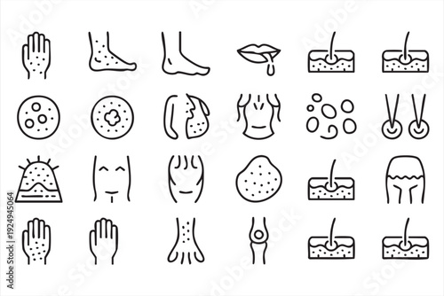 Dermatology Medical Line Icons for Skin Conditions and Symptoms