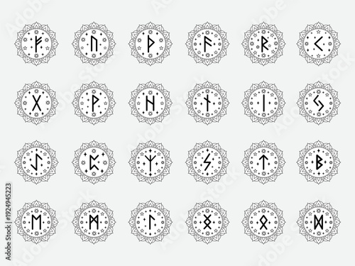 Set of Elder Futhark runes inside mandala star. Black line art vector for spiritual, occult  or Viking themed designs.