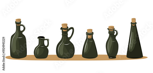 Dark empty glass olive oil bottles set. Vintage container collection for product branding, packaging and gourmet design.