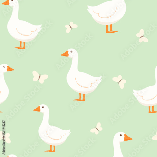 Seamless pattern with  white geese and butterflies on a green background. Whimsical farmhouse nursery wallpaper.