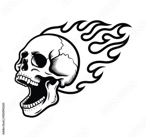 A fierce skull design with dramatic flames emanating from its mouth in bold black and white. isolated on white background, Vector, illustration