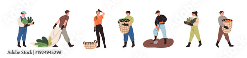 Farmers work set. Agriculture workers care about garden, gather harvest and dig soil. People pick up crop, cultivate ground for planting. Flat isolated vector illustrations on white background