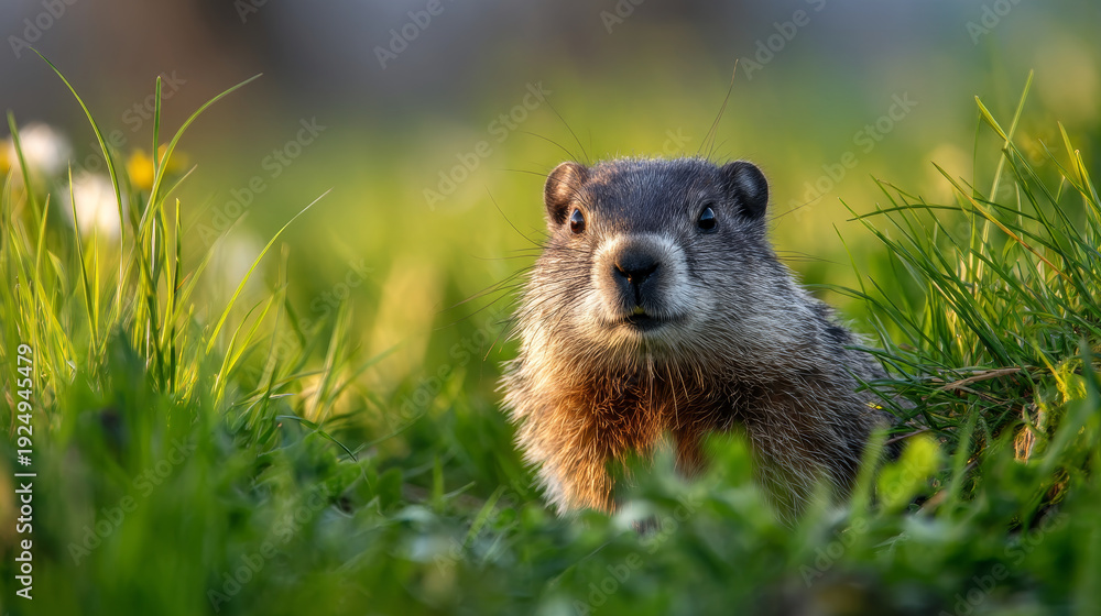 Fototapeta premium A cute groundhog on a festive spring day. Groundhog Day. A groundhog with fluffy fur. Landscape view.