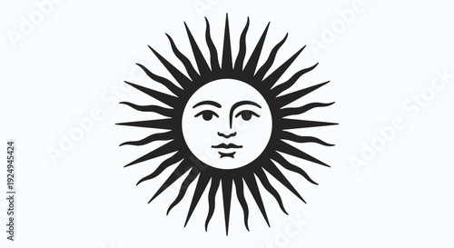 The Sun of May emblem featuring a human face and radiating rays is presented in a stark black and white graphic style against a plain background.