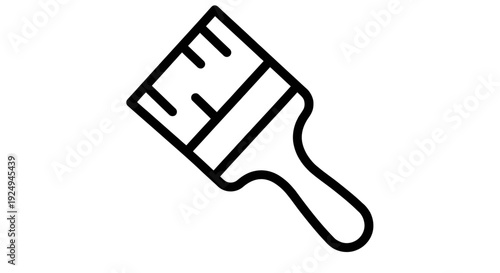 A simple black outline icon representing a flat painting brush is centered on a clean white background ready for application in design projects.