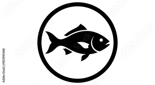 A solid black silhouette of a side-view fish, likely a bass or similar freshwater species, enclosed within a bold circular border representing seafood or fishing.