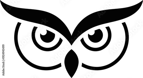 Stylized black and white graphic depicting the intense eyes and brow of an owl isolated on a neutral background for use as a logo element.