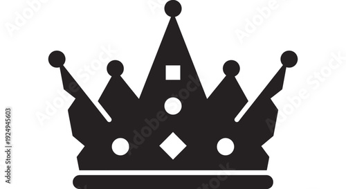 A detailed black and white graphic depicts a royal crown featuring sharp points and central ornamental details upon a white surface.