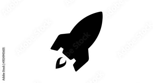 A bold black silhouette icon depicts a stylized rocket ship taking off with visible exhaust flame against a pure white background.