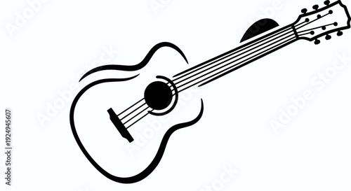 Stylized black and white acoustic guitar illustration is shown floating against a plain white background for design use.