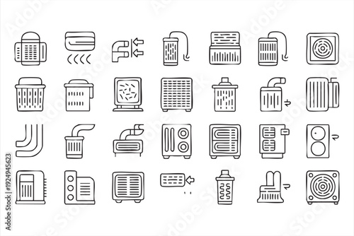 Household Heating System Line Icons for Temperature Control Design