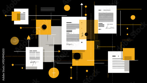 Abstract illustration of digital document management and data flow, showcasing interconnected business papers and data points within a dynamic network, symbolizing efficient information organization