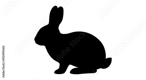 Solid black silhouette of a small rabbit sitting upright with distinct ears is depicted against a stark white backdrop for branding.