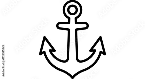 Outline drawing of a nautical anchor with a circular top and downward curved flukes is presented in a minimalist line art style.