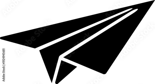 Simple black vector icon representing a paper airplane in flight symbolizes travel, communication, and sending messages.