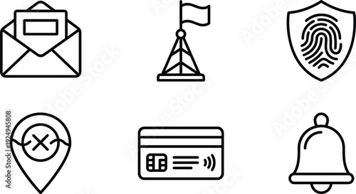 Black Outline Vector Icons Featuring Open Envelope Signal Flag Fingerprint Shield Security Pin Credit Card and Alert Bell for Digital Interface