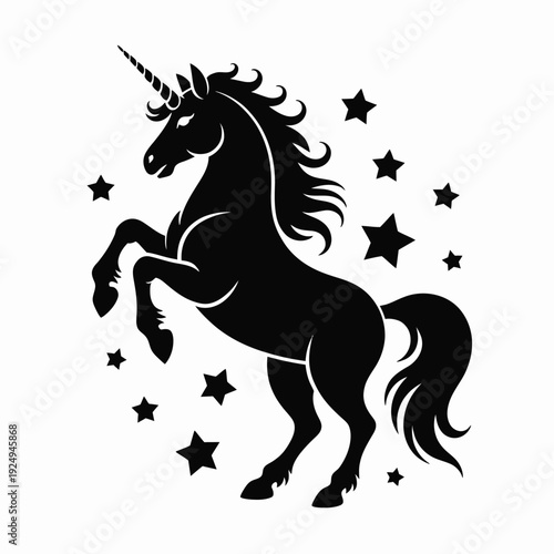Mythical unicorn silhouette standing on hind legs with stars in the background isolated on white background, Vector, illustration