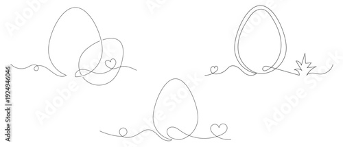 vector illustration of a set of Easter eggs on white background. Continuous one liner egg drawing of an Easter bunny. Vector Illustration.