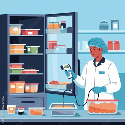 Food Safety Auditor Checking Temperature

Flat vector illustration of a food safety auditor checking food temperature using a digital thermometer. Refrigerator and storage containers visible. 
