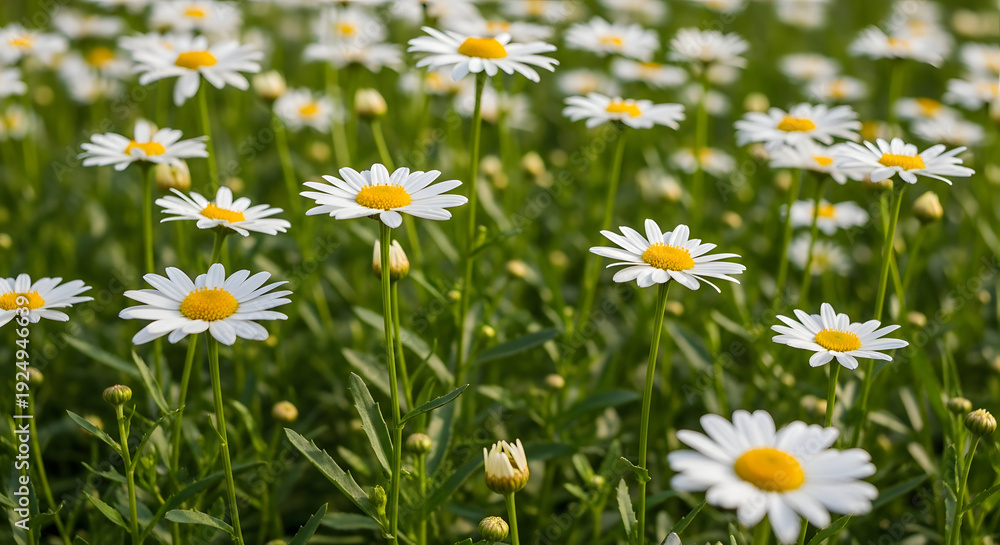 Fototapeta premium A field of white daisies with yellow centers on a sunny day