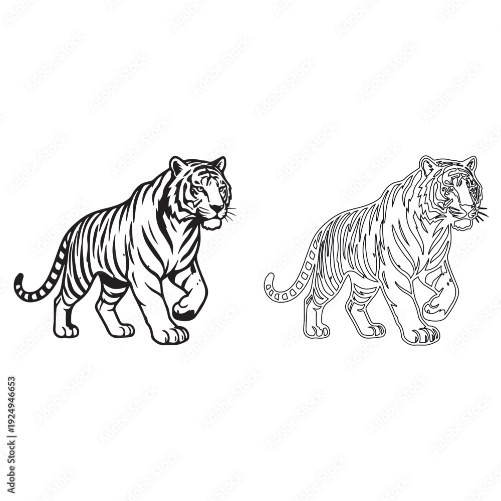 Obraz premium A powerful vector illustration of a Royal Bengal Tiger in two distinct artistic styles a bold black silhouette and a detailed line art outline. 