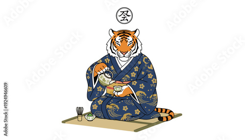 Majestic Tiger in Traditional Japanese Kimono Meditating Peacefully.