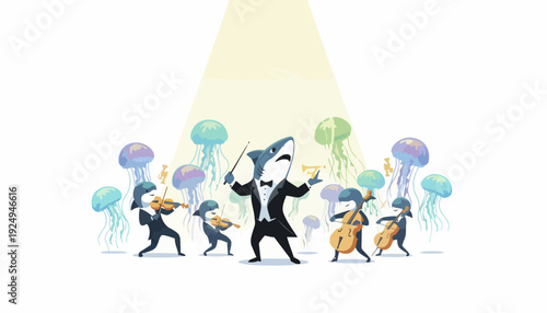 Oceanic animal orchestra performing classical music concert under spotlight.