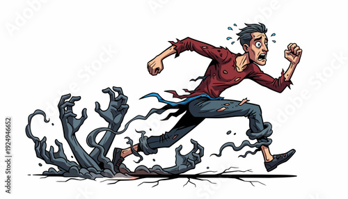 Terrified Man Running Away From Grasping Zombie Hands.