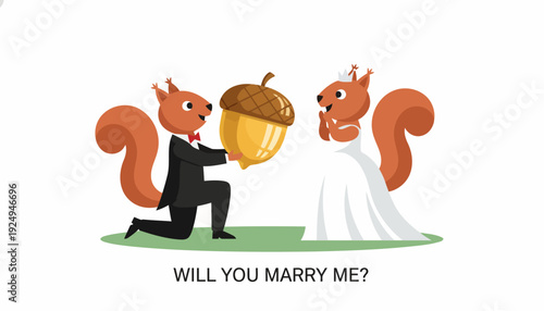 Cartoon Squirrel Proposing Marriage with a Giant Acorn Ring.