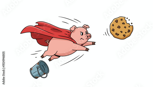 Flying Super Pig Chasing a Delicious Chocolate Chip Cookie.