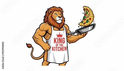 Majestic Lion Chef with Pizza Slice in Frying Pan.