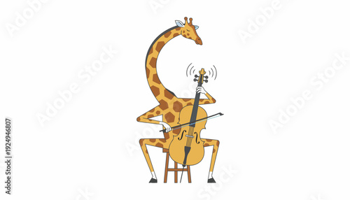 Giraffe Playing Cello Musical Instrument with Sound Waves.
