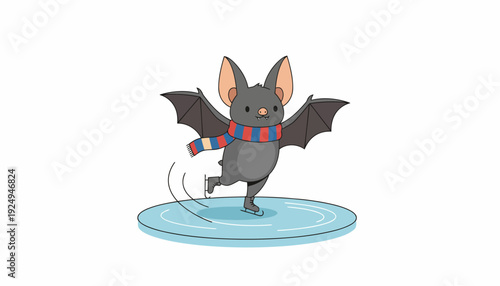 Cute cartoon bat ice skating on a frozen pond in winter.