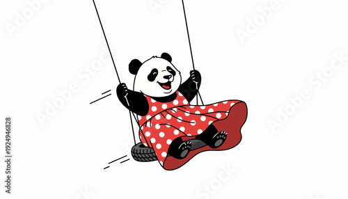 Happy Panda Bear Swinging on a Swing Set.