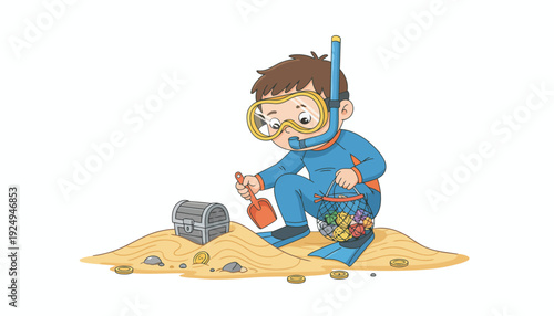 Young boy diver with snorkel mask finds treasure chest on sandy bottom.