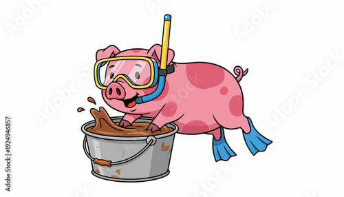 Happy Pig Wearing Snorkel Mask and Fins Splashing in Muddy Bucket.