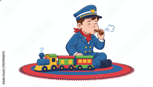 Young Boy Playing Train Conductor with Toy Locomotive.