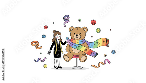 Woman Dressing Teddy Bear with Colorful Rainbow Scarf Illustration.