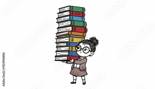 Small girl carrying a very tall stack of colorful books.